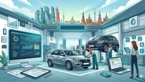 Современная иллюстрация контент-стратегии для автосервиса с элементами цифрового маркетинга и автомобильной тематики